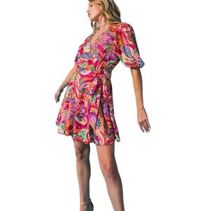Flying Tomato Yours To Keep Woven Wrap Mini Dress Sz LG V Neck Puff Sleeve